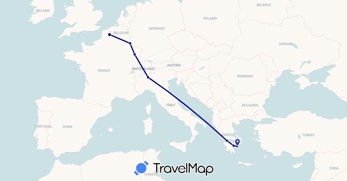 TravelMap itinerary: driving in Switzerland, France, Greece, Luxembourg (Europe)
